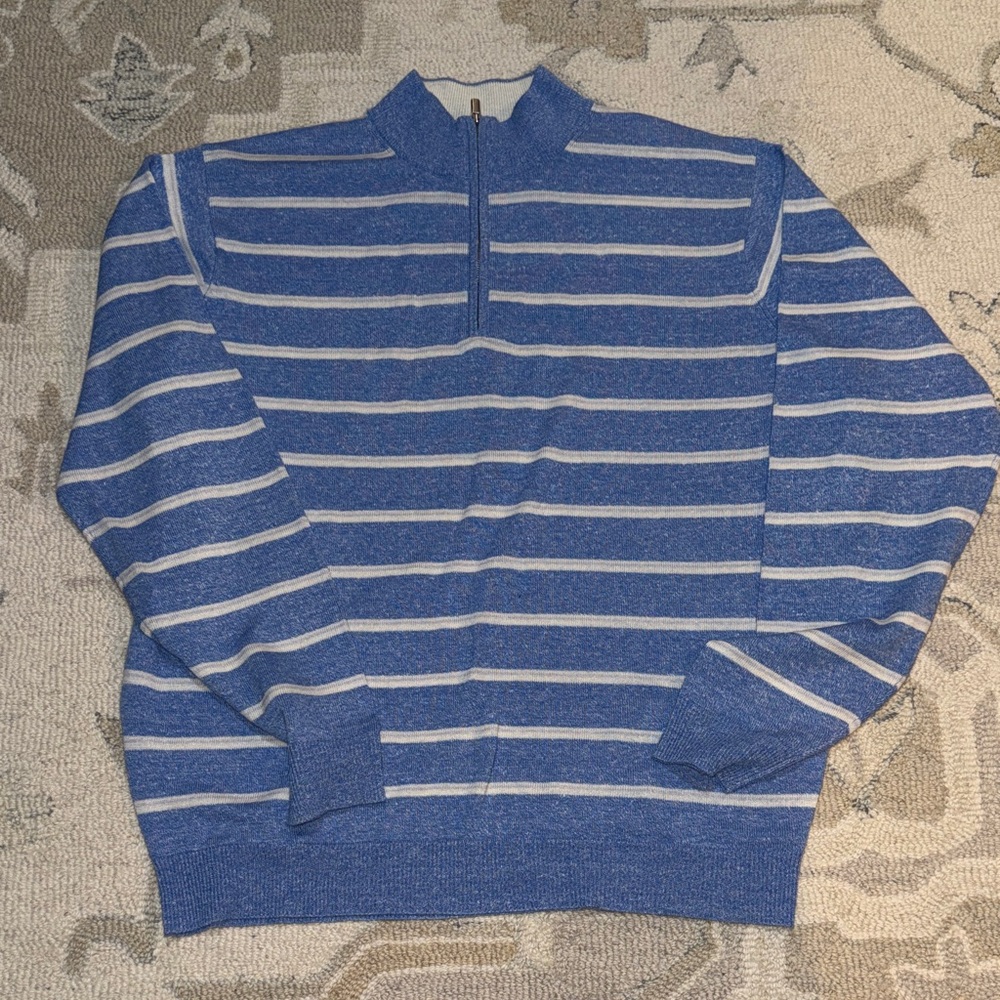 Peter Millar Blue and White Cotton Blend Striped Zip Up Sweater
